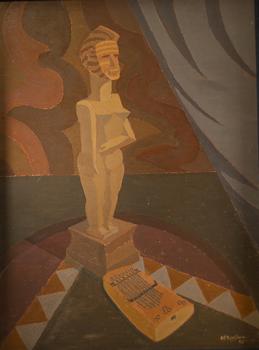 Edgar SCAUFLAIRE (1893-1960), huile sur panneau représentant une nature morte au fétiche africain et instrument de musique, dans une composition styli
