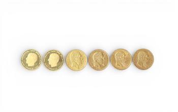 Lot de pièces et médailles en or, comprenant notamment des 20 francs Napoléon III et Léopold II, XIXe siècle
Etat : Bon 
Diamétre : 2,2 cm
Poids :