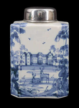 SILVER. English Silver Mounted Delftware Tea Caddy