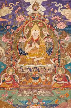 A fine Tibetan silk appliqué thangka of Tsongkhapa. Silk, partially painted, embroidery. Early 20th century