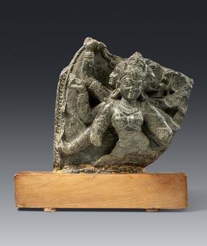 A Pala black stone stele fragment with goddess Marichi. India, Bihar. 11/12th century