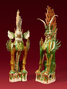 Two large sancai-glazed guardian figures. Terracotta. Tang dynasty (618-907)
