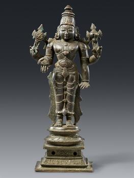 A large South Indian copper alloy figure of Vishnu. 18th century
