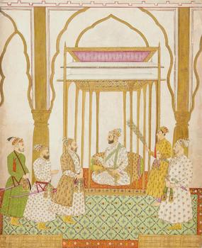 Emperor Farrukhsiyar receiving noblemen. Opaque pigments and gold on paper. Deccan, probably Hyderabad. 18th century