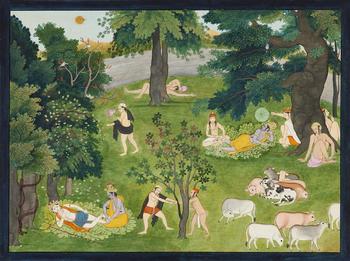 Krishna and Balarama receiving foot massage during an afternoon break. Opaque pigments and gold on paper. Punjab Hills, Himachal Pradesh, Kangra. End of 18th century