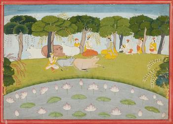 Krishna in the company of Balarama and the cowherd boys. Punjab Hills, Jammu or Kangra. Opaque pigments and gold on paper. Last decades 18th century