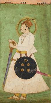 A portrait of Rao Bika, the founder of the city of Bikaner. Opaque pigments and gold on paper. Mughal style, Rajasthan, Bikaner. Circa 1850