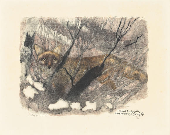 Piguet - H?tel des VentesRobert Hainard (1906-1999),  Apparition de renard , 6 février 1987, bois gravé, signé, [...] et numéroté 19/82 au crayon, 28,2x36,2 cm