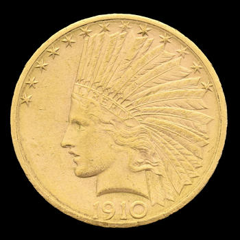 USA, 10 dollars or 1910  Indian Head , Denver, avec devise, diam. 2,7 cm, 16,69 g.
