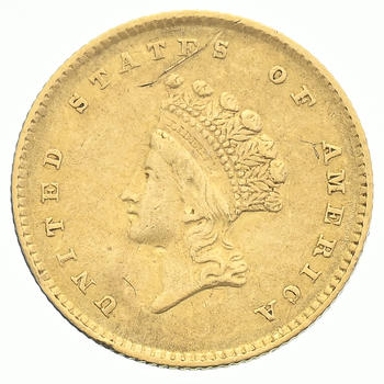USA, 1 dollar  Little Indian Head  en or, 1854, Philadelphie, diam. 1,5 cm, 1,65 g.