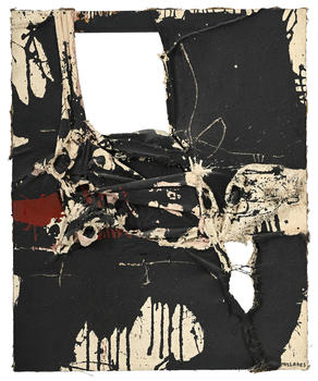 Manolo Millares (1926-1972),  Cuadro , 1960, tech. mixte sur toile de jute, signée, contresignée, datée et titrée, 100x81
