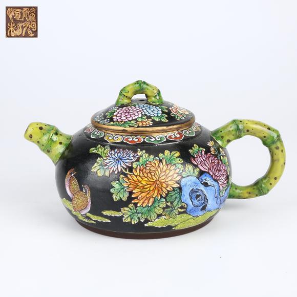 千美會紫砂胎畫琺瑯安居樂業(yè)紋竹節(jié)形執(zhí)壺