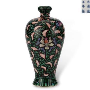 Qing Yongzheng period, Five-Color Garlic-Head Vase with Floral Design on Black Ground