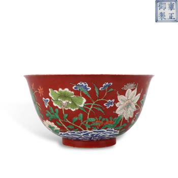 Qing Dynasty Yongzheng period, Coral red-ground famille rose bowl with Autumn Scene