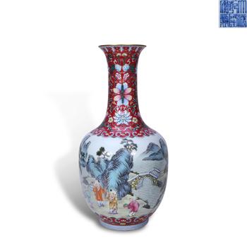 Qing Dynasty Qianlong Period,Ruby-Red Ground Famille Rose Long-Neck Vase with Nine Boys and Melon Vines