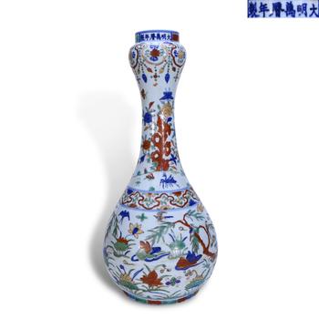 Ming Dynasty Wanli Period,Wucai Garlic-Head Vase with Mandarin Ducks in Lotus Pond