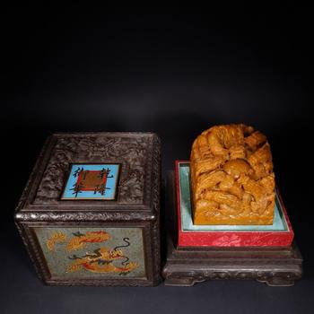 Tianhuang Stone High-Relief Nine Dragons Playing with a Pearl Large Seal with Cloisonné Wood Box
