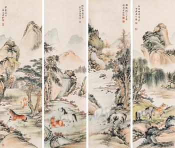 溥佐（1918-2001）、溥伒（1893-1966）、溥僩（1901-1966）、溥佺（1913-1991）?八駿圖四屏