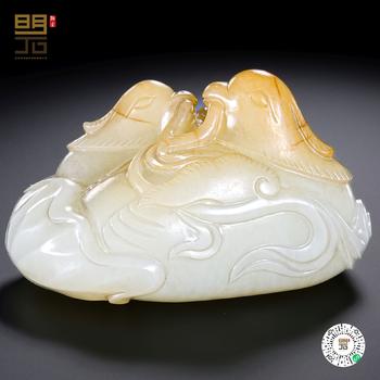 清中期 白玉鴛鴦臥荷擺件