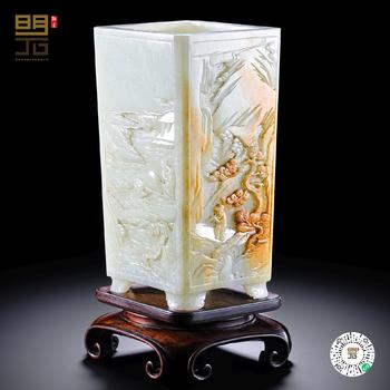 清中期 白玉漁樵耕讀紋方筆筒