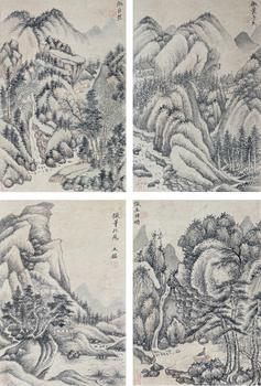 王鑑（1598-1677）　山水四開　紙本鏡片