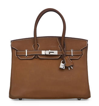 Hermès, sac Birkin 30 en cuir vachette naturel Gold, année 2005, piqué sellier blanc, tirette et clochette avec 2 clefs et cadenas, 22x30