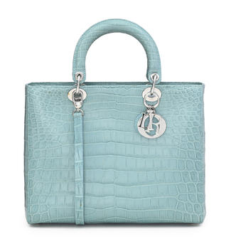 Christian Dior, sac Lady Dior Large en crocodile aqua marine mat, charmes D.I.O.R., bandoulière, housse, 24x31 cm