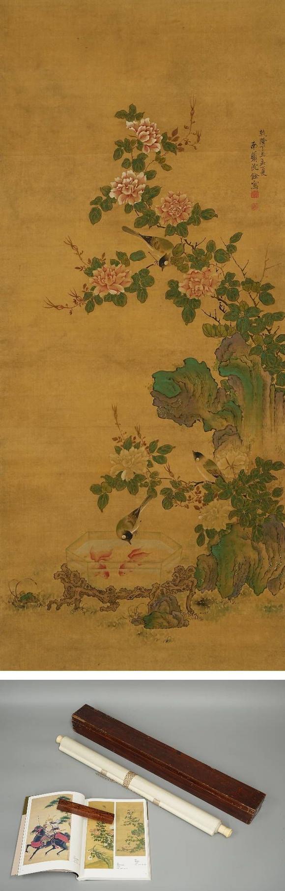 京都祇園會拍賣沈銓 花鳥圖 絹本掛軸 日本朱漆手書箱附 日本古裂裝裱 鷹見游山舊藏 出版著錄附