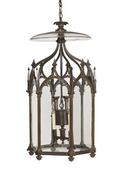 A LARGE BRONZE GOTHIC HEXAGONAL HALL LANTERN, EARLY 19TH CENTURY