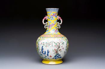 A Chinese famille rose yellow-ground 'Bats and Peaches' bottle vase, Jiaqing/Daoguang