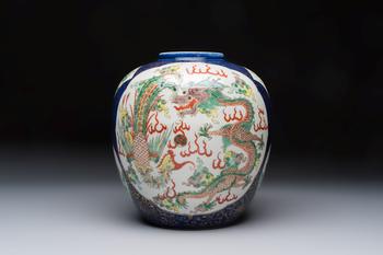 A Chinese famille verte gilt-decorated blue-ground 'Dragon and Phoenix' vase, Kangxi mark, 19th C.