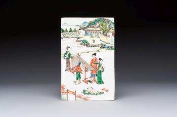 A Chinese famille verte 'Rice and Silk Production' plaque, 19th C.