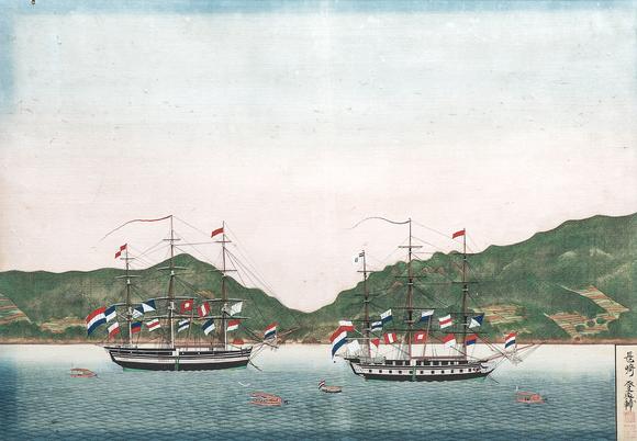 Rob Michiels AuctionsKawahara Keiga 川原慶賀 (Japan, 1786-1860): 'Two Dutch Vessels Anchored off Nagasaki Bay', gouache on silk, seal mark, 19th C.