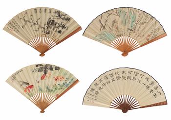 王福廠（1879-1960）、汪亞塵（1894-1983）、溥傑（1907-1994）、李燕生（1953-）書畫成扇四把