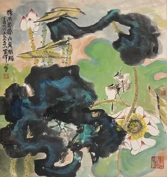 碧荷棲羽 41×38cm 紙本設(shè)色鏡心