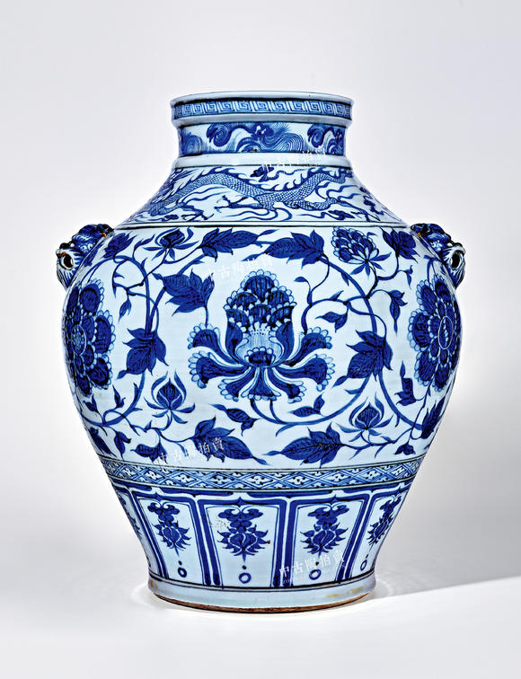 中古陶元 青花游龍牡丹紋大罐