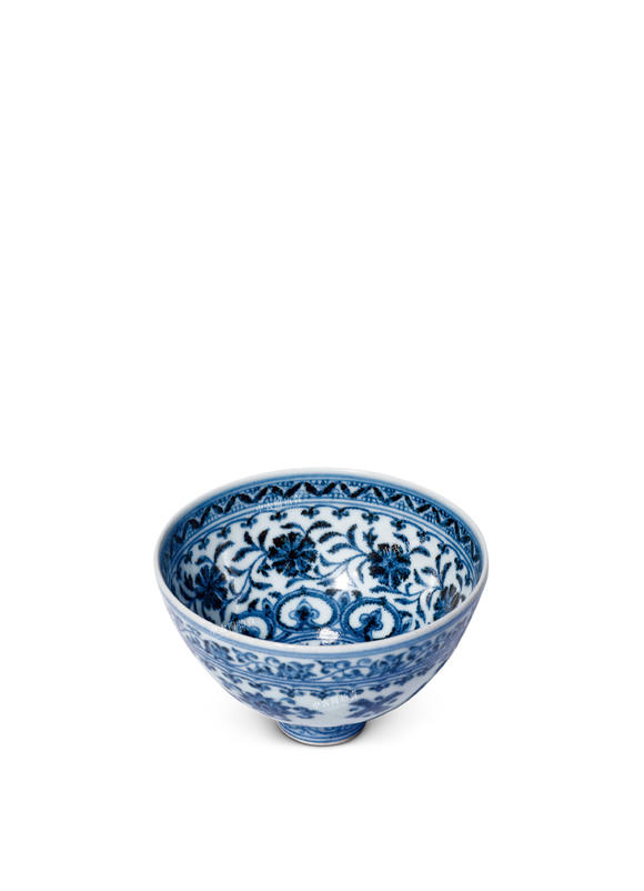 中古陶明永樂(lè)  青花蘇麻離青料纏枝花卉小雞心碗