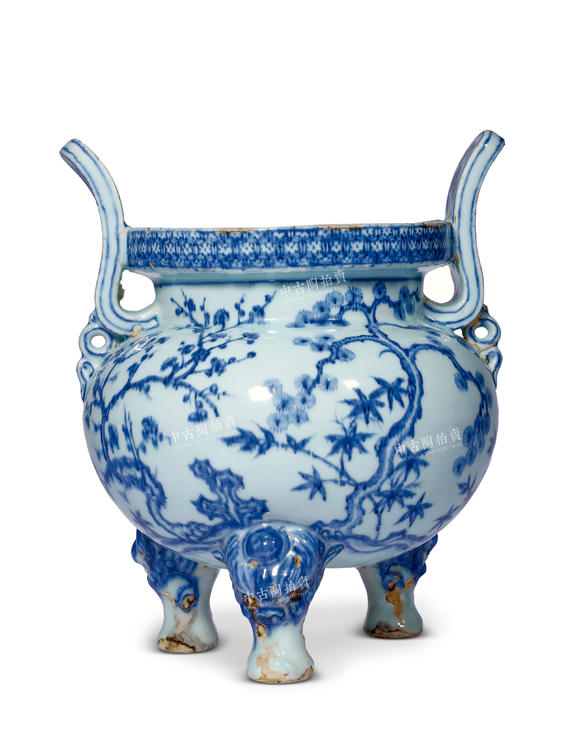 中古陶明永樂(lè) 青花松竹梅紋三獸足香爐