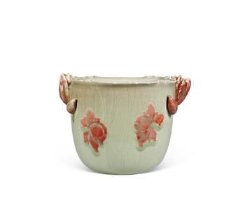 青釉釉里紅荷花式卷缸