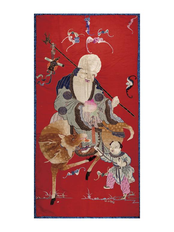 豐藝香港拍賣清 紅綢緞繡福祿壽星掛幅
