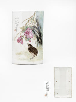 粉彩秋江花鳥紋瓷臂擱“劉仲卿”款
