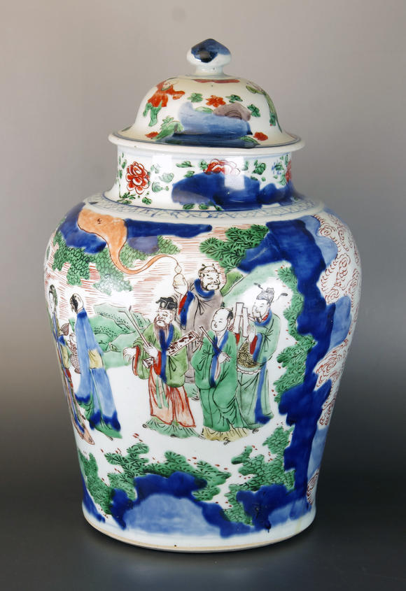 清顺治五彩八仙贺寿图将军罐连盖