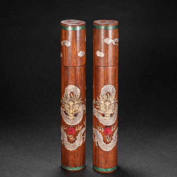 清代黄花梨木嵌螺钿香筒一对
