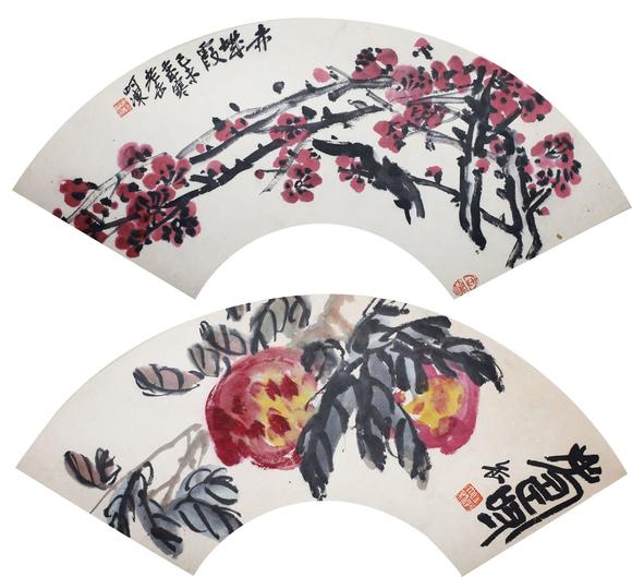 天贵仁顺吴昌硕 红梅双寿 扇面二帧
