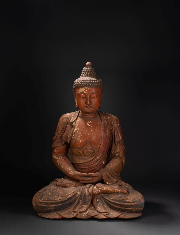 日本拍卖事业株式会社宋代木雕彩绘三世佛坐像