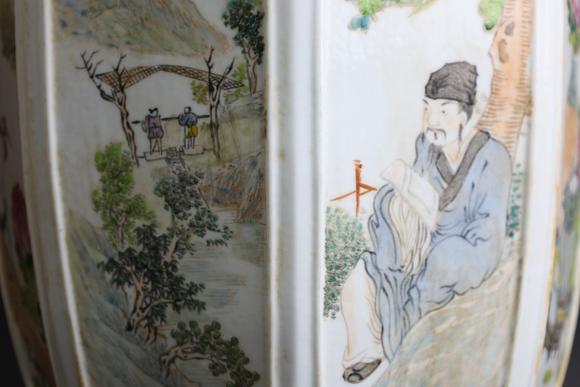 富澜海拍卖清末 浅降彩名家俞子明-浅降彩山水人物花鸟纹八方瓶