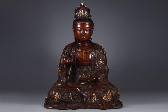 旧藏精铸紫铜胎鎏金观世音菩萨坐像