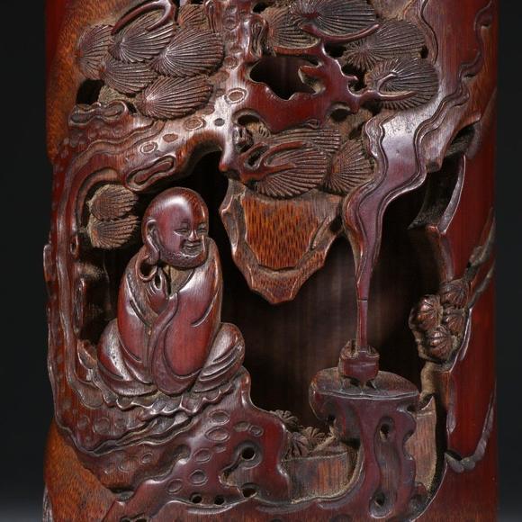 石如江介款老竹雕达摩悟道笔筒