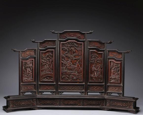 中国清代紫檀架镶嵌花梨木屏风