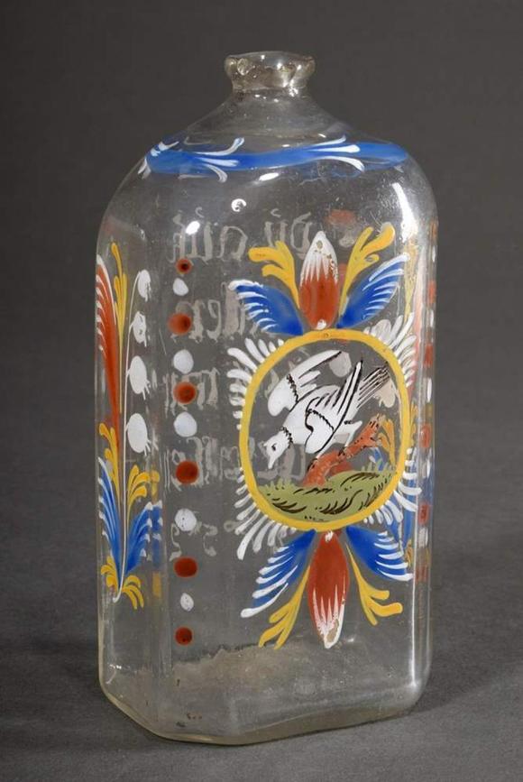 Octagonal brandy bottle with coloured enamel painting "bird on branch